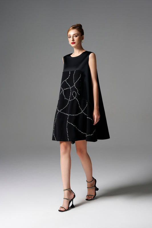 Black Sleeveless A-Line Dress with Abstract Beaded Design