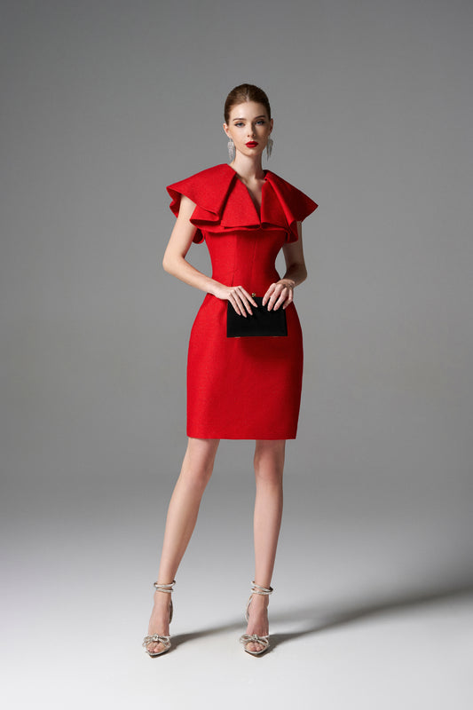 Red Ruffled Sleeveless Bodycon Dress with Statement Collar