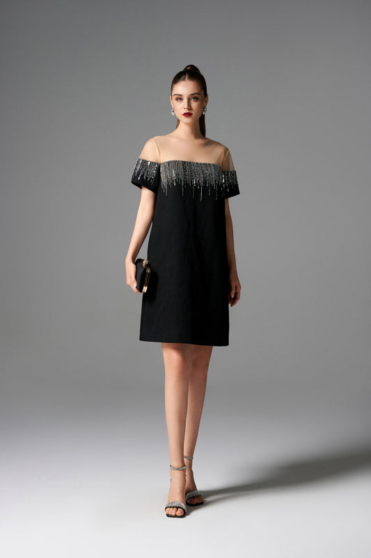 Black Off-Shoulder A-Line Dress with Beaded Embellishments