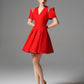Red V-Neck Short Sleeve Skater Dress with Beaded Shoulder Accents
