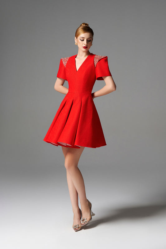 Red V-Neck Short Sleeve Skater Dress with Beaded Shoulder Accents