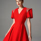 Red V-Neck Short Sleeve Skater Dress with Beaded Shoulder Accents