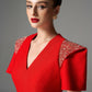 Red V-Neck Short Sleeve Skater Dress with Beaded Shoulder Accents