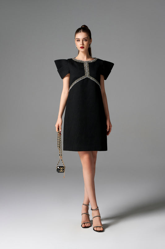 Black Structured A-Line Dress with Crystal Embellishments and Angular Sleeves