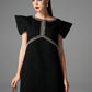 Black Structured A-Line Dress with Crystal Embellishments and Angular Sleeves