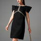 Black Structured A-Line Dress with Crystal Embellishments and Angular Sleeves