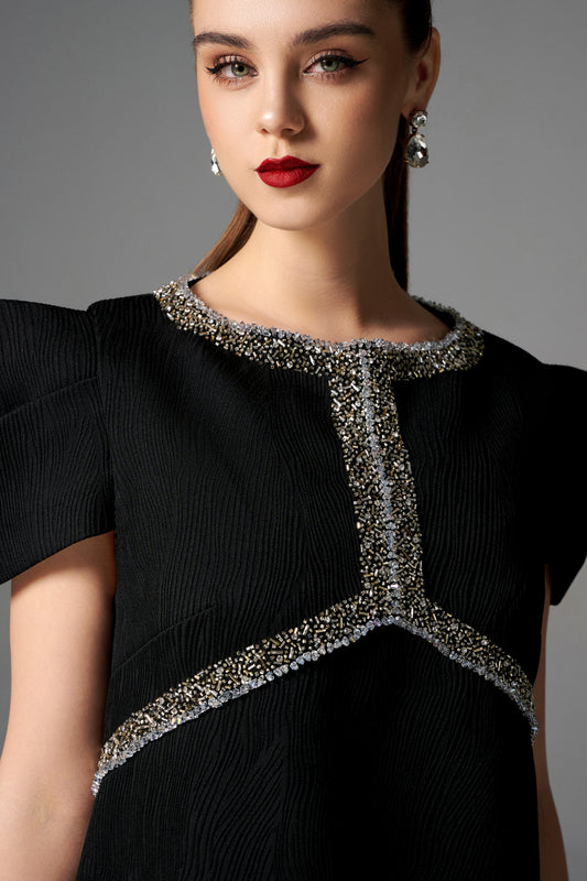 Black Structured A-Line Dress with Crystal Embellishments and Angular Sleeves