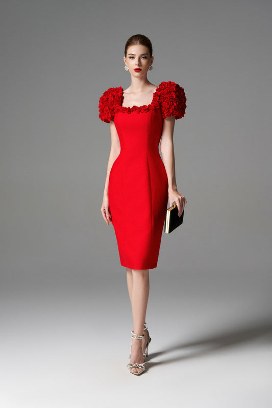 Red Cocktail Dress with Floral Puff Sleeves