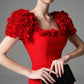Red Cocktail Dress with Floral Puff Sleeves
