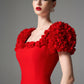 Red Cocktail Dress with Floral Puff Sleeves