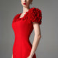 Red Cocktail Dress with Floral Puff Sleeves