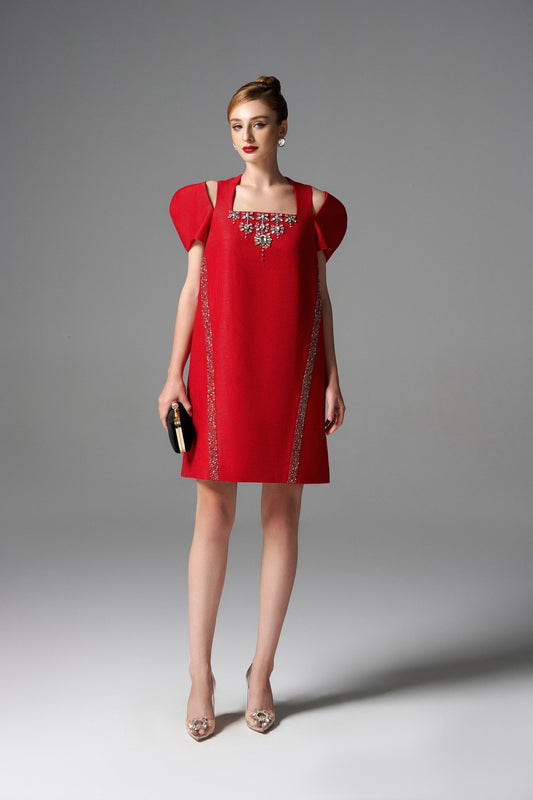 Red Cocktail Dress with Embellished Neckline