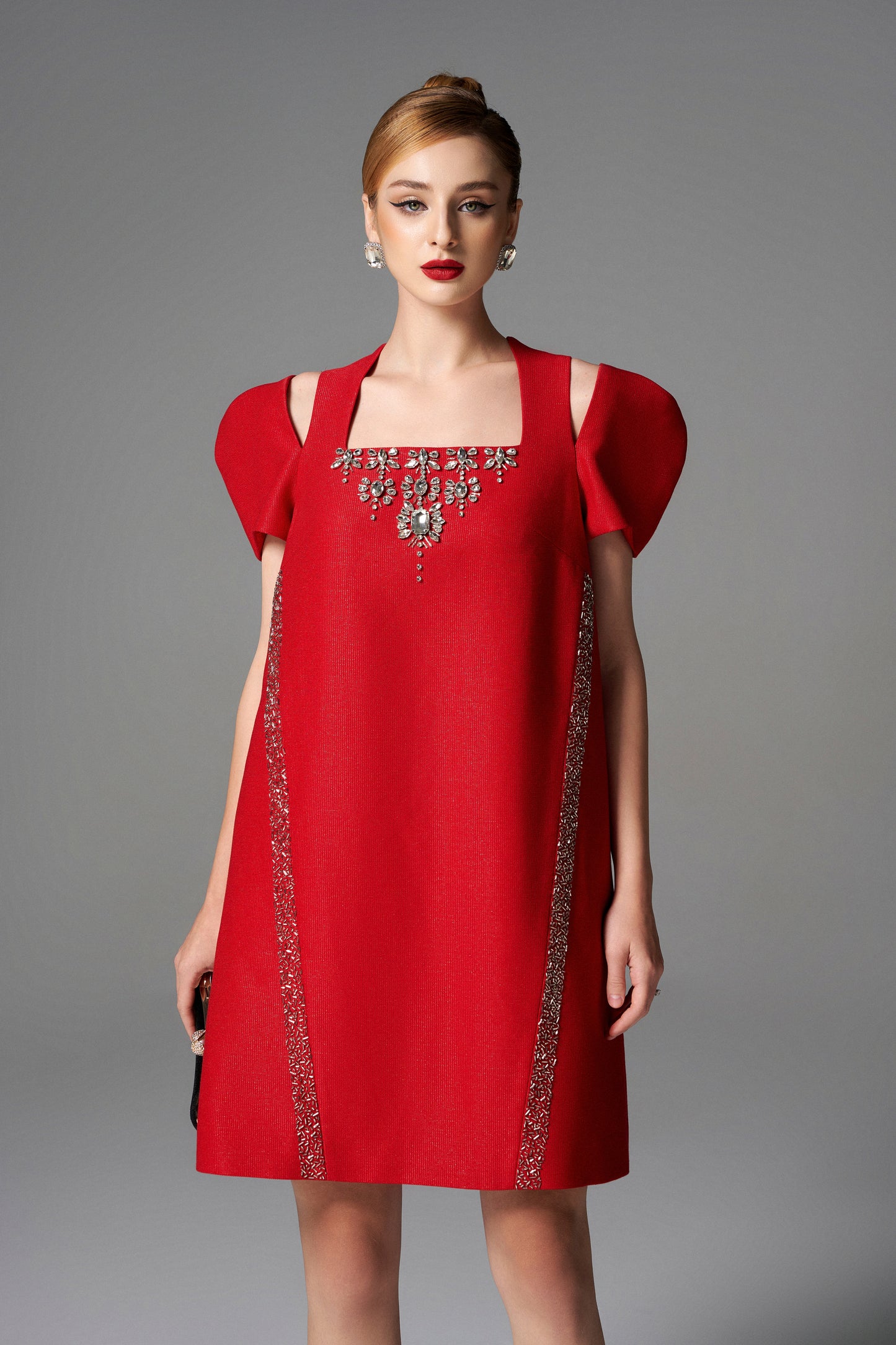 Red Cocktail Dress with Embellished Neckline
