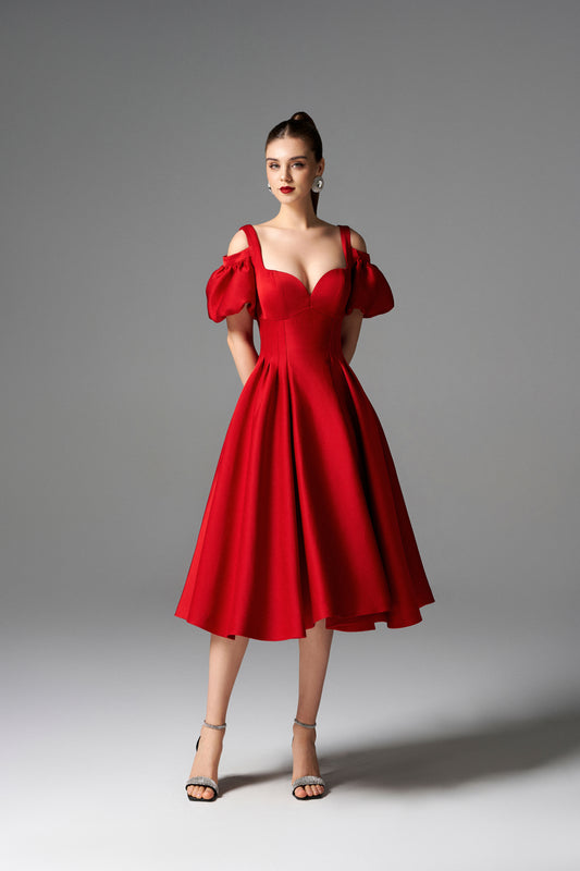 Red Off-the-Shoulder Puff Sleeve Midi Dress