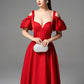 Red Off-the-Shoulder Puff Sleeve Midi Dress