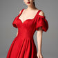 Red Off-the-Shoulder Puff Sleeve Midi Dress