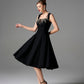 Black A-Line Evening Dress with Embellished Leaf Design