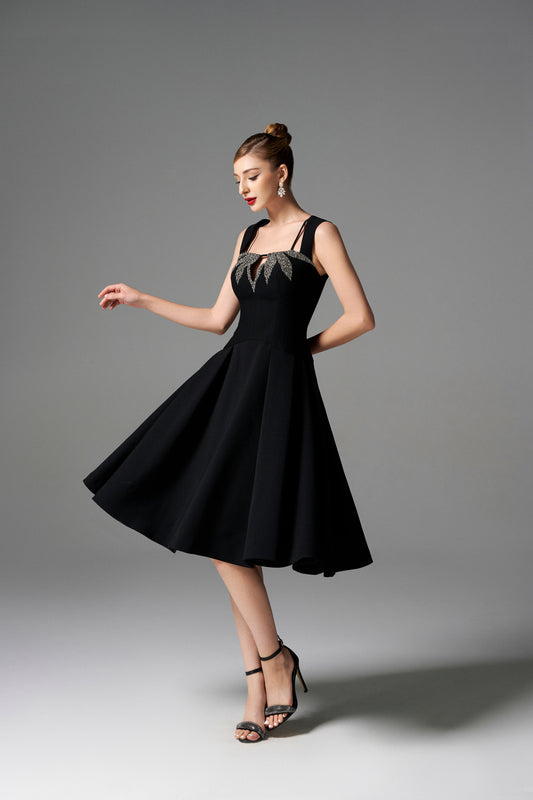 Black A-Line Evening Dress with Embellished Leaf Design
