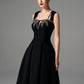 Black A-Line Evening Dress with Embellished Leaf Design