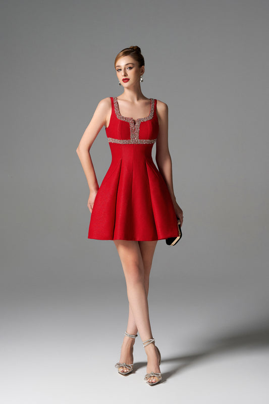 Red Fit-and-Flare Mini Dress with Crystal Embellished Neckline