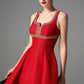 Red Fit-and-Flare Mini Dress with Crystal Embellished Neckline