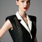 Black and White Sleeveless Blazer with Embellished Accents and Wide-Leg Trousers