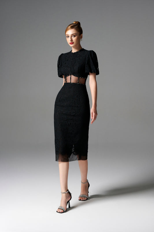 Black Lace Midi Dress with Sheer Cutout Waist