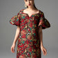 Puff-Sleeve Floral Brocade Mini Dress - Red and Gold Print