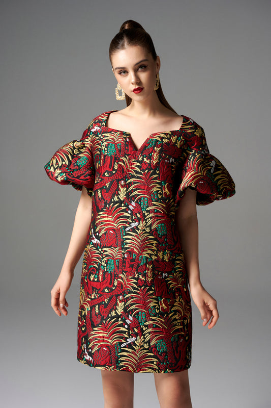 Puff-Sleeve Floral Brocade Mini Dress - Red and Gold Print