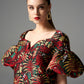 Puff-Sleeve Floral Brocade Mini Dress - Red and Gold Print