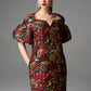 Puff-Sleeve Floral Brocade Mini Dress - Red and Gold Print