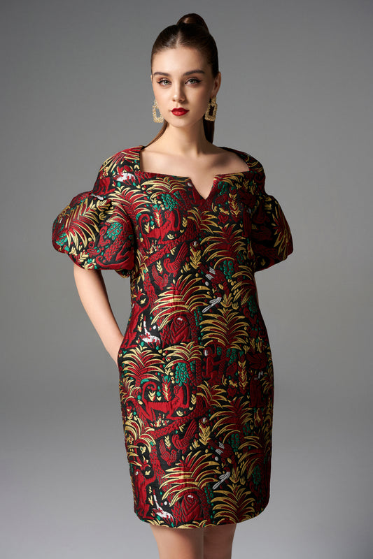 Puff-Sleeve Floral Brocade Mini Dress - Red and Gold Print
