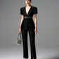 Black Peplum Blazer and Slim Pants Set with Rhinestone Accents