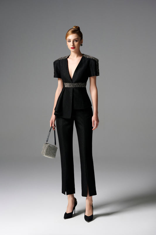 Black Peplum Blazer and Slim Pants Set with Rhinestone Accents