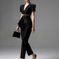 Black Peplum Blazer and Slim Pants Set with Rhinestone Accents