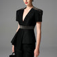 Black Peplum Blazer and Slim Pants Set with Rhinestone Accents