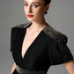 Black Peplum Blazer and Slim Pants Set with Rhinestone Accents