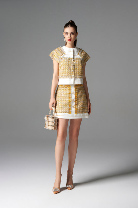 Two-Piece Tweed Mini Skirt Set with Gold Accents