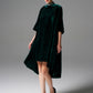 Emerald Green Velvet High-Low Dress with Beaded Collar