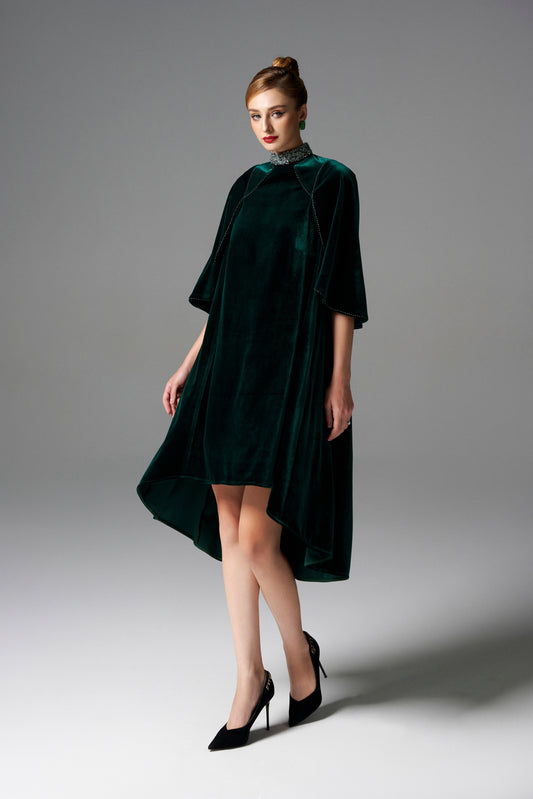 Emerald Green Velvet High-Low Dress with Beaded Collar
