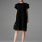 Black Beaded A-Line Shift Dress with Ruffled Sleeves