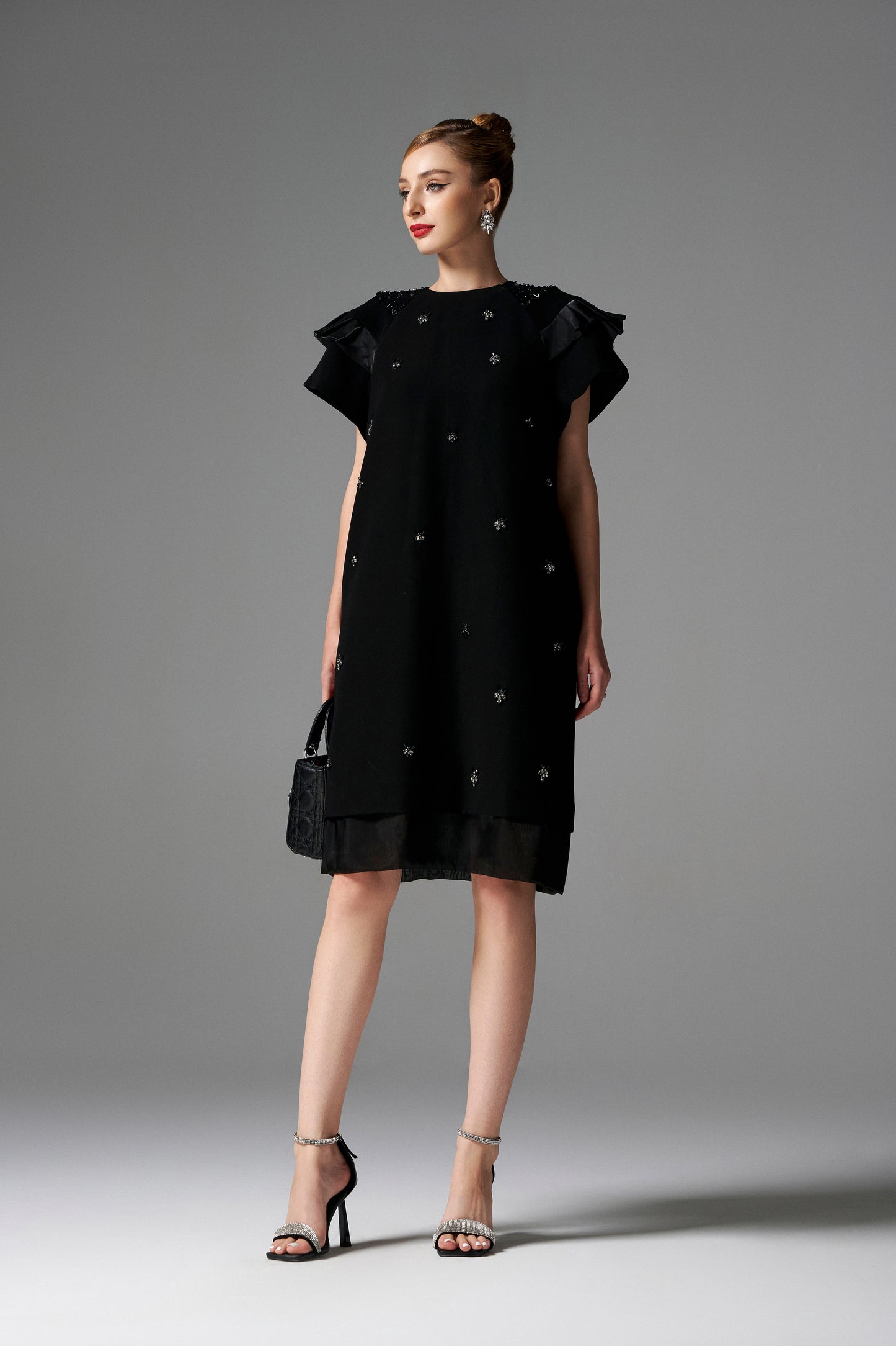 Black Beaded A-Line Shift Dress with Ruffled Sleeves