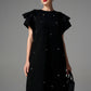 Black Beaded A-Line Shift Dress with Ruffled Sleeves