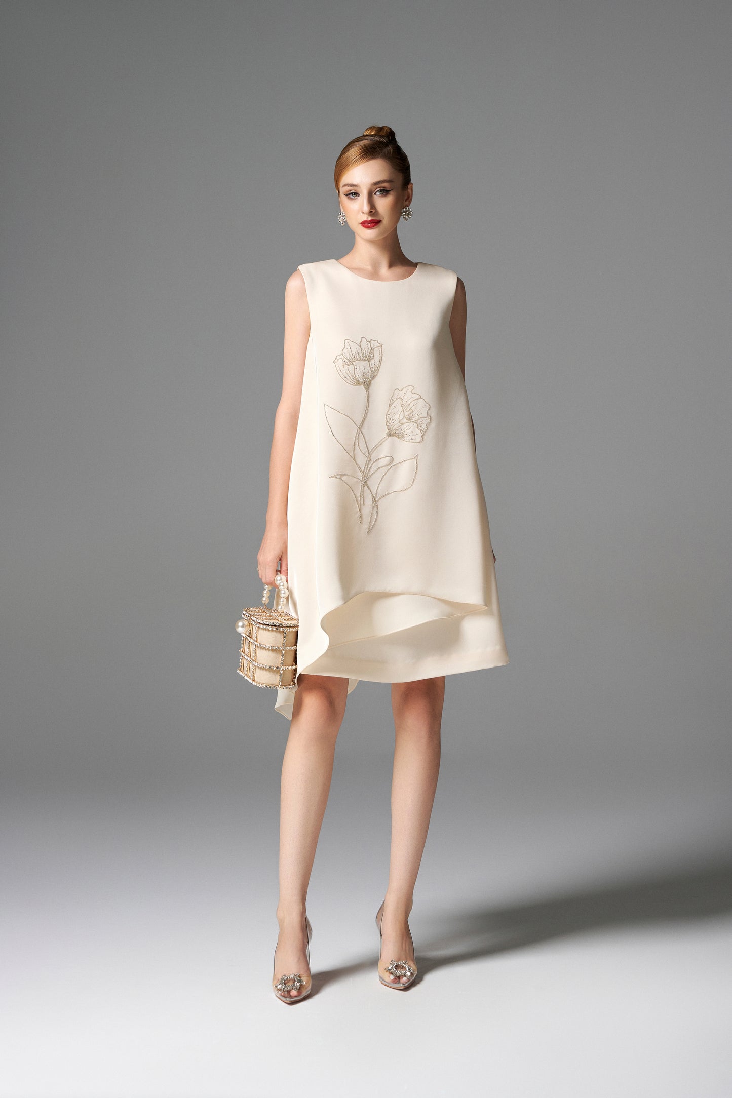 Ivory Sleeveless Shift Dress with Floral Embroidery
