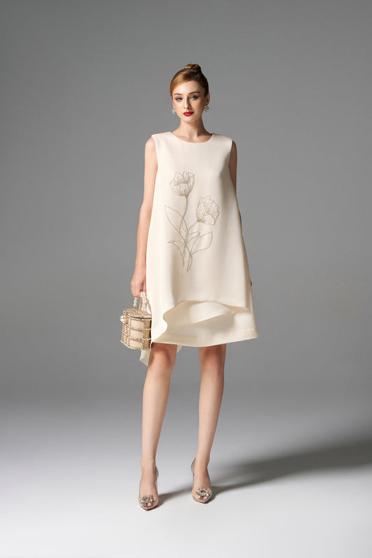 Ivory Sleeveless Shift Dress with Floral Embroidery
