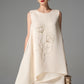 Ivory Sleeveless Shift Dress with Floral Embroidery