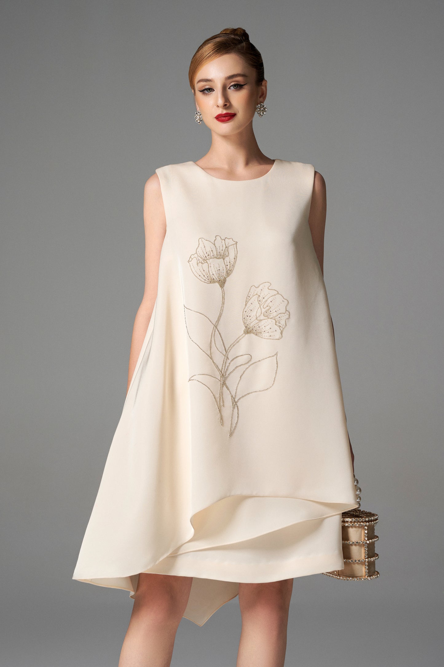Ivory Sleeveless Shift Dress with Floral Embroidery
