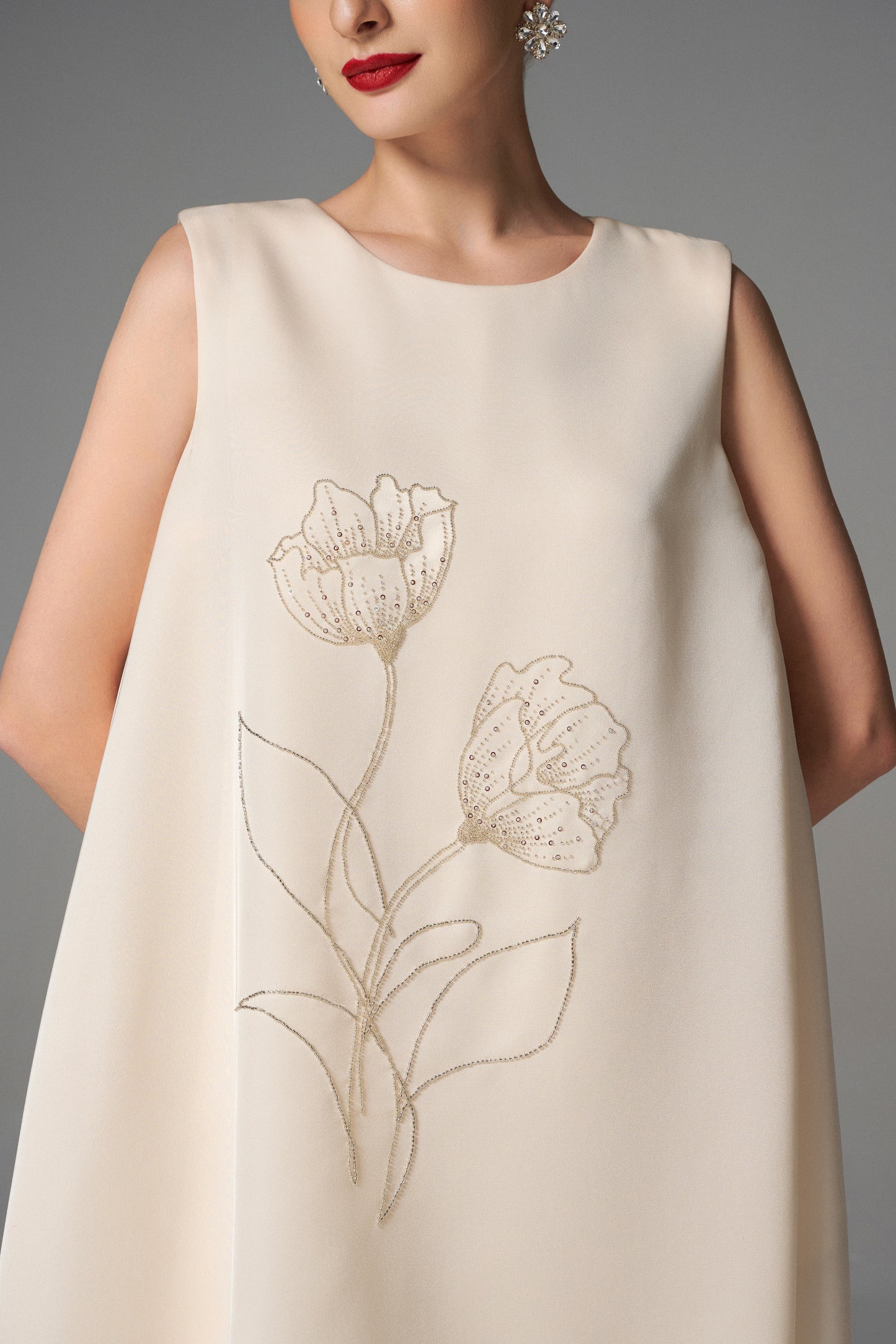 Ivory Sleeveless Shift Dress with Floral Embroidery