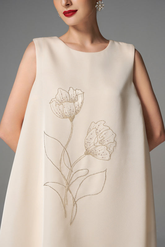 Ivory Sleeveless Shift Dress with Floral Embroidery