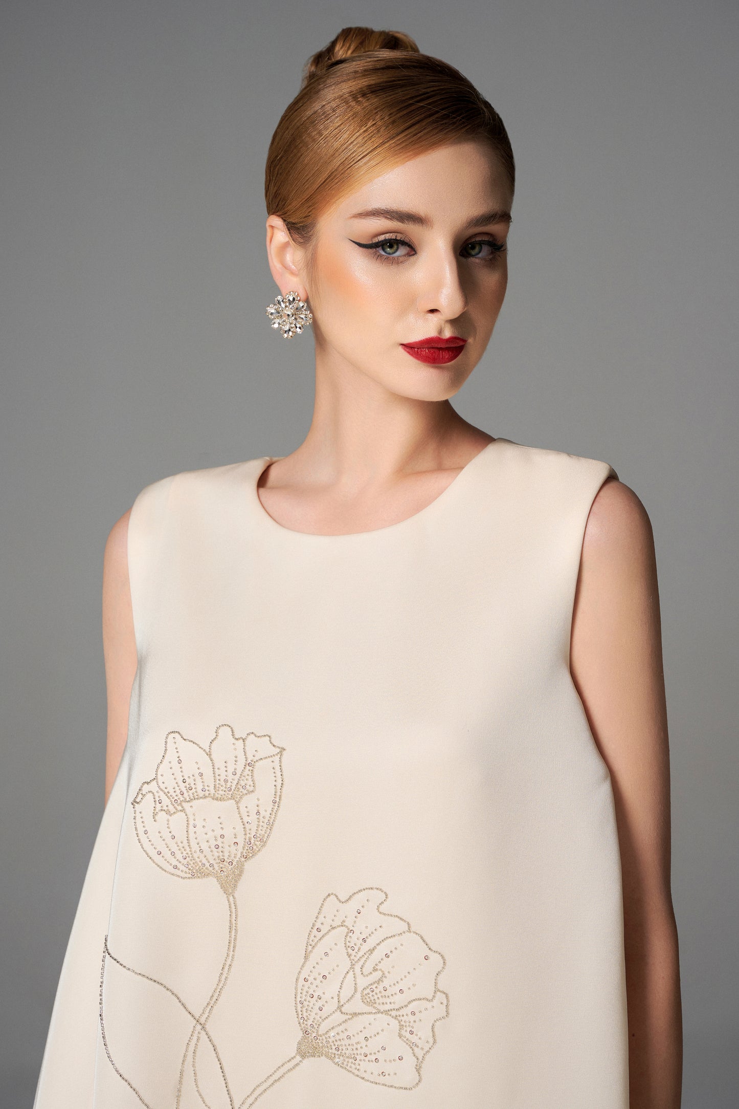 Ivory Sleeveless Shift Dress with Floral Embroidery